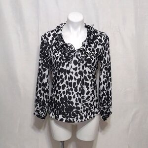 Belissimo Black White Animal Print Ruffled Collar Blouse Long Sleeve Top S Chic